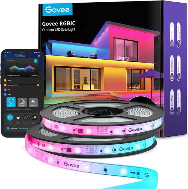 Govee Outdoor LED Strip Lights Waterproof, Connected 2 Rolls of 32.8ft(65.6ft) RGBIC Outdoor Lights, Splitter Connector, Christmas Decor, Work with Alexa, Outdoor Strip Lights for Roof, Christmas