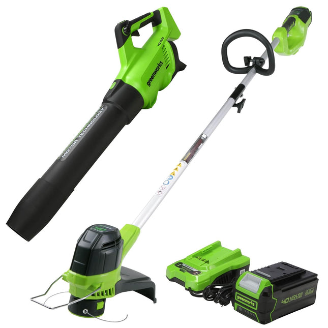 Greenworks 40V (550 CFM / 130 MPH) Brushless Axial Leaf Blower 4Ah USB Battery and Charger with 40V String Trimmer