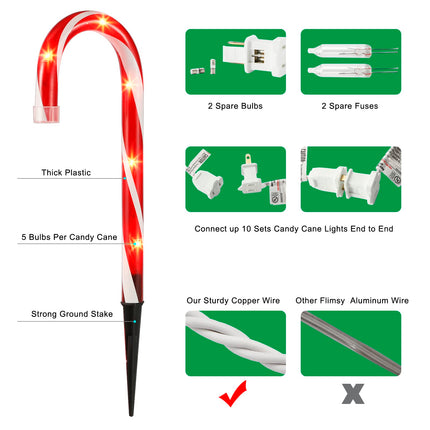 Christmas Candy Cane Pathway Markers Lights, Candy Canes Lights Outdoor, 10 inch Set of 10 Pack Christmas Candy Cane Lights Decorations Yard Candy Cane Pathway Lights, Lighted Candy Cane Decor Garden