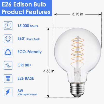 E ENERGETIC LIGHTING Dimmable LED Edison Light Bulb, G25 Globe Antique Flexible Spiral LED Filament Light, 8W Equivalent 60W, 2200K Warm Light, 500LM, Decorative Christmas Light, E26, UL, 6-Pack