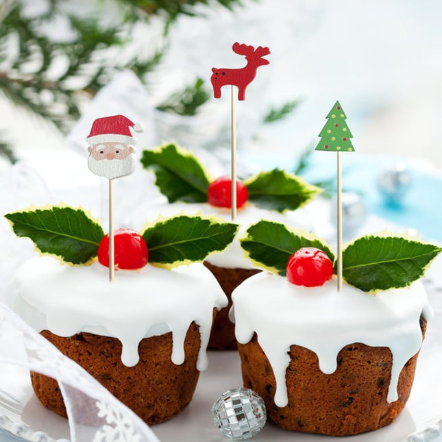 100 Pcs Christmas Cocktail Picks Santa Snowman Elk Xmas Tree Bamboo ToothPicks Appetizer Bamboo Toothpicks for Christmas Holiday Home Party Cake Food Decoration