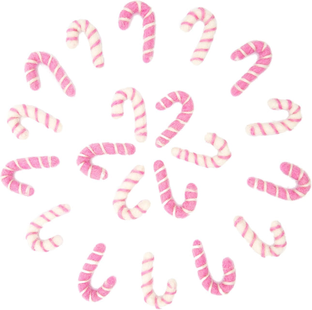 Glaciart One Mini Felt Candy Cane Decoration (Pink/White) - 1.18" (3cm) - Set of 20 - DIY Garland, Arts Crafts Supplies, Cute Home Decor for Christmas - Hand-Felted Natural Wool Material