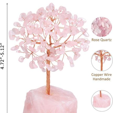 Jovivi Rose Quartz Crystals Tree, Raw Pink Healing Crystals Amethyst Base Bonsai Money Tree for Home Office Table Decor Wealth and Luck