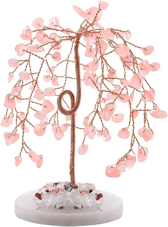 LAIDANLA Rose Quartz Natural Healing Crystal Tree Reiki Money Tree Agate Base Copper Wire Life Feng Shui Energy Tree for Home Office Desk Room Decor Meditation Good Luck