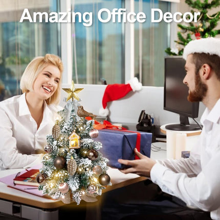 Mini Christmas Tree 2ft Tabletop Small Christmas Tree, Table Top Artificial Snow Flocked Arbol de Navidad Xmas Tree with 18 Christmas Decorations for Home Apartment Office Desk