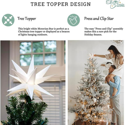 Elf Logic Large 12” Easy Assembly Warm White LED Moravian Star - Hanging Outdoor Christmas Light - Use as Holiday Decoration, Porch Light, 3D Fixture, Advent Star, Wedding & Ballroom Venue Decor