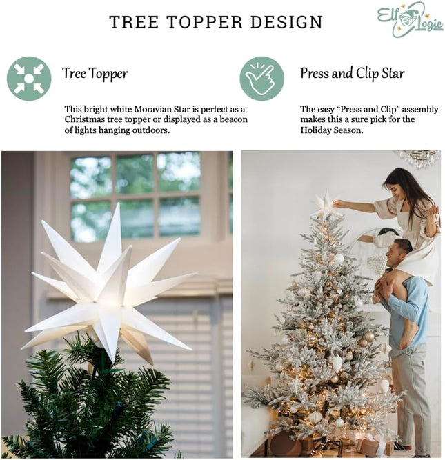 Elf Logic Large 18” Easy Assembly Warm White LED Moravian Star - Hanging Outdoor Christmas Light - Use as Holiday Decoration, Porch Light, 3D Fixture, Advent Star, Wedding & Ballroom Venue Decor
