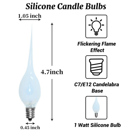 12 Pack Christmas Flicker Flame Silicone Candle Lights Bulbs, C7 Clear Silicone Flickering Decorative Light Replacement Bulbs for Electric Candle Lamps, Chandelier, E12 Candelabra Base, 1Watt
