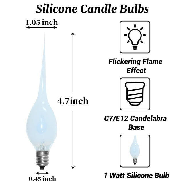 12 Pack Christmas Flicker Flame Silicone Candle Lights Bulbs, C7 Clear Silicone Flickering Decorative Light Replacement Bulbs for Electric Candle Lamps, Chandelier, E12 Candelabra Base, 1Watt