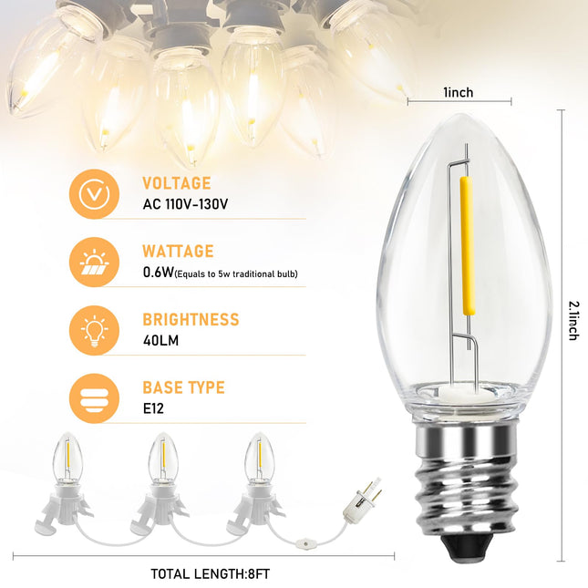 C7 Christmas Accessory Cord with Three Clear Light Bulbs, LED Lights White Cord with On/Off Switch Plugs, C7 Indoor String Lights for Christmas Halloween Model Toy Craft Village House Decoration