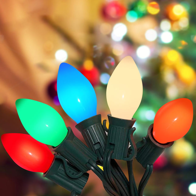 C7 LED Multicolor Christmas Lights 20Ft Outdoor String Lights with 22 Multicolor LED Ceramic Bulbs, Hanging Vintage Christmas Lights for Christmas Party Indoor Outdoor Decorations, Green Wire
