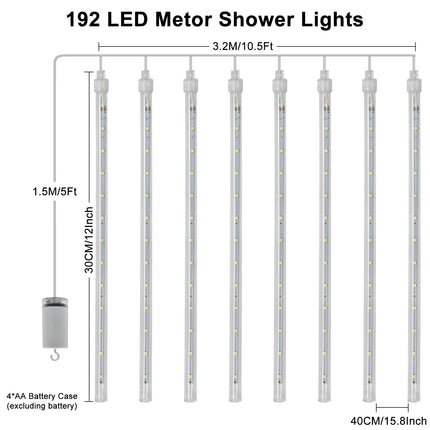 Christmas Meteor Shower Lights Battery Powered, Waterproof 192 LED Icicle Snow Falling Lights with Remote Timer Raindrop Lights for Tree Yard Patio Christmas Party Outdoor Decor(Warm White)