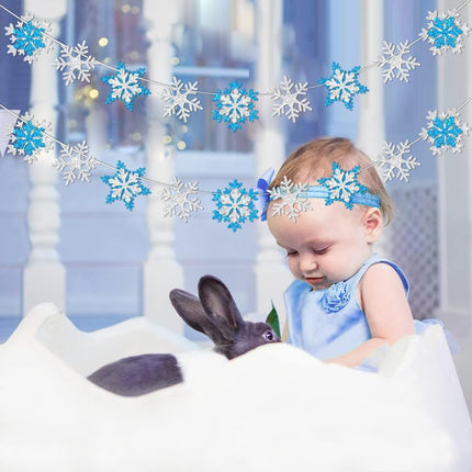 Glitter Frozen Snowflake Garland Decorations Banner Winter White and Blue Snowflakes Banner Decorations for Wonderland Frozen Party Decorations, Birthday and Christmas Deco