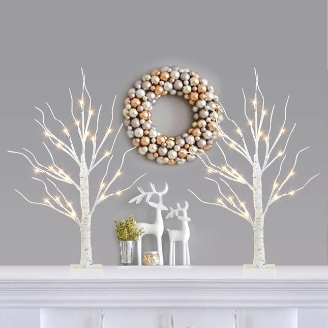 PABIPABI Christmas Decorations 2 Pack Lighted Birch Tree, Artificial Tree with 24 LED Warm White Lights Battery Powered Timer Room Decor, Tabletop Ceterpieces Trees for Home Party Wedding Decor (2FT)