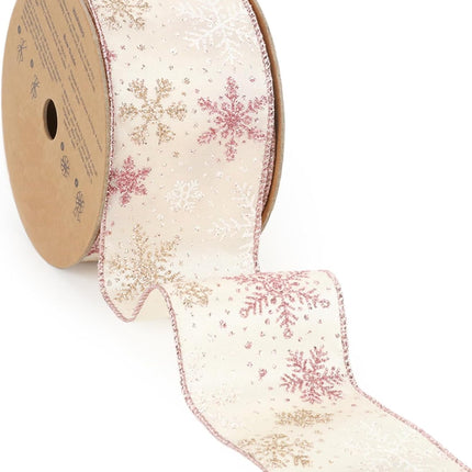 LaRibbons Pink Christmas Wired Ribbon, 2.5 Inch x 10 Yards Champagne Pink Snowflake Satin Ribbon for Tree Decoration,Wreath,Bows, Wrapping