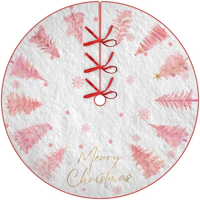 Christmas Tree Skirt 48 Inch White Tree Skirts Ornaments with Pink Trees Snowflakes Pattern for Merry Christmas Xmas Holiday Party Decor