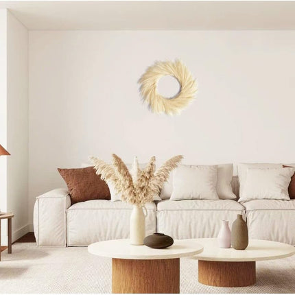 Pampas Grass Wreath, 27 inch Fall Wreath/Faux Pampas Wreath、Boho Wreath，Front Door Wreaths for All Seasons，Neutral Fall Decor,Pampas Grass Wall Decor,Boho Wall Decor (Beige Wreath)