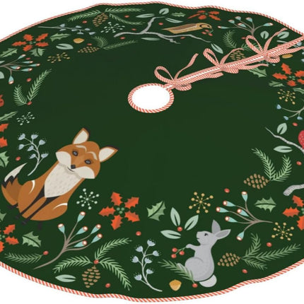 Woodland Wreath Holly Green Christmas Tree Skirt, Linen Xmas Tree Skirts Mat for Holiday Party Decorations Supplies Rustic Mini Tree Skirt - 36 Inches