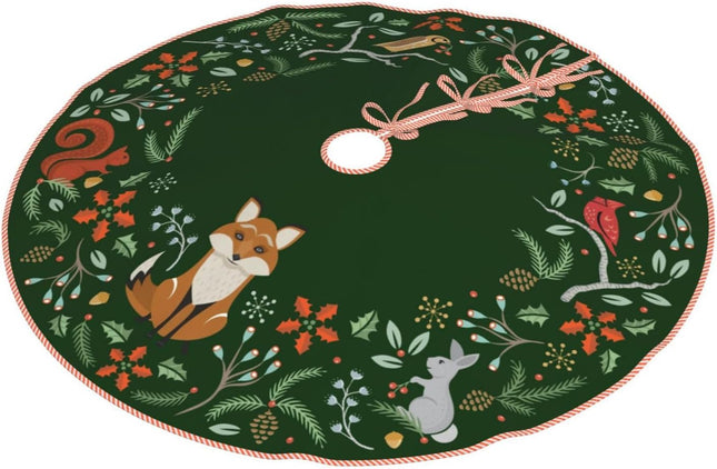 Woodland Wreath Holly Green Christmas Tree Skirt, Linen Xmas Tree Skirts Mat for Holiday Party Decorations Supplies Rustic Mini Tree Skirt - 36 Inches