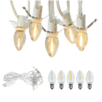 C7 String Bulbs Christmas Village Light Accessory Cord 5 Base with 5 LED Light Bulb Universal Clip White Cord with On/Off Spare Fuse Switch Plugs for Decorations Christmas Village House