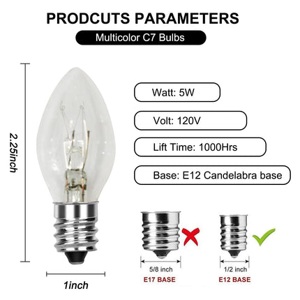 25 Pack Christmas Decor Replacement Bulbs Clear, 5 Watt C7 Light Bulbs, E12 Candelabra Base C7 Incandescent Bulb for Indoor/Outdoor Christmas String Lights