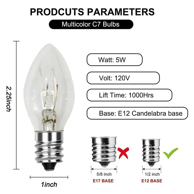 25 Pack Christmas Decor Replacement Bulbs Clear, 5 Watt C7 Light Bulbs, E12 Candelabra Base C7 Incandescent Bulb for Indoor/Outdoor Christmas String Lights