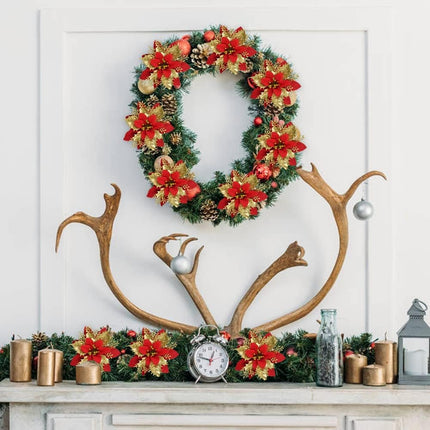 Vanleonet 12 PCS Christmas Glitter Artificial Poinsettia Flowers, Christmas Flowers Decorations, Glitter Poinsettia Tree Ornaments for Christmas Wreath Wedding Xmas Tree Decorations (Gold-Red-12pcs)