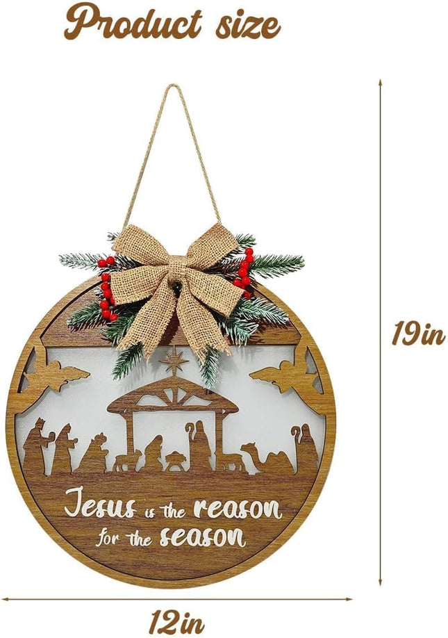 Christian Christmas Decorations: Christmas Door Sign, Rustic Wood Religious Nativity Scene Christmas Wreath with Lights for Front Door Wall Porch, Farmhouse Jesus Birth Xmas Decor Ornaments for Home