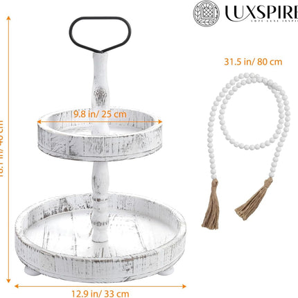Luxspire Tiered Tray Stand, 2 Tiered Tray Decor with Wooden Beads Garland, Farmhouse Decorative Tray, 2 Tier Serving Tray for Coffee Bar Kitchen Island, Christmas Decor, Rustic White