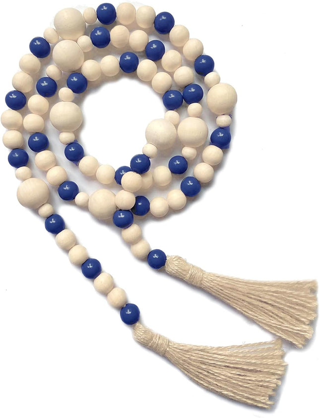 OMISHE Wood Bead Garland with Tassels 61 Inches, Wooden Beads Garland, Boho Home Decor, Decorative Beads Garland Decor, Farmhouse Beads Garland for Tiered Tray Decor Navy Blue