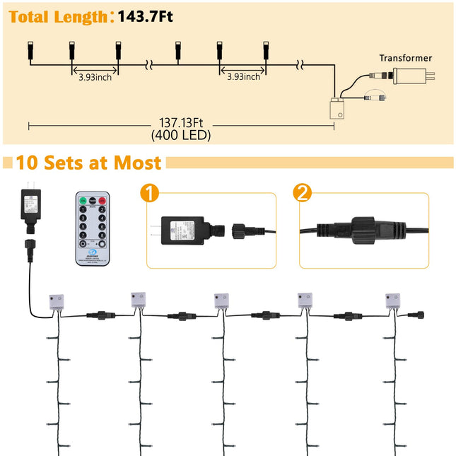 400 Warm White LED Christmas Lights – 143.7ft Warm Christmas Lights Outdoor Waterproof, Plug in Indoor Christmas Lights with 8 Modes & Timer Memory, Twinkle Christmas Lights for Tree, Xmas, UL Listed