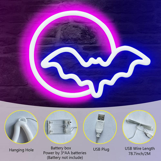 SEMETOR Neon Signs, Moon and Bat LED Neon Lights, Neon Light Sign for Wall USB/Battery Powered Led Neon Sign for wall decor, bedroom, Kids , Living Room, Bar, Party, Christmas, Wedding, Halloween
