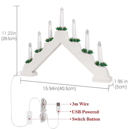 Lewondr Christmas Swedish Candelabra, Electric Candles with 7 Flameless Taper Candles, USB Powered Wooden Candle Bridge Light with Pine Needles, Decorative Xmas Candle Lights for Windows Wedding,White