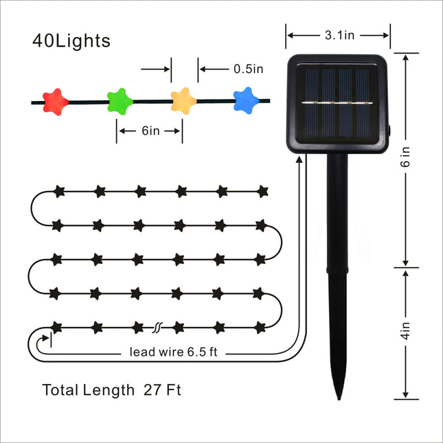 Outdoor Solar String Lights - 27FT, 40 LED Solar Garden Lights Outdoor, Waterproof Solar String Lights Outdoor, Multi-Color 8 Function Garden Fairy Lights, Solar-40L-Star