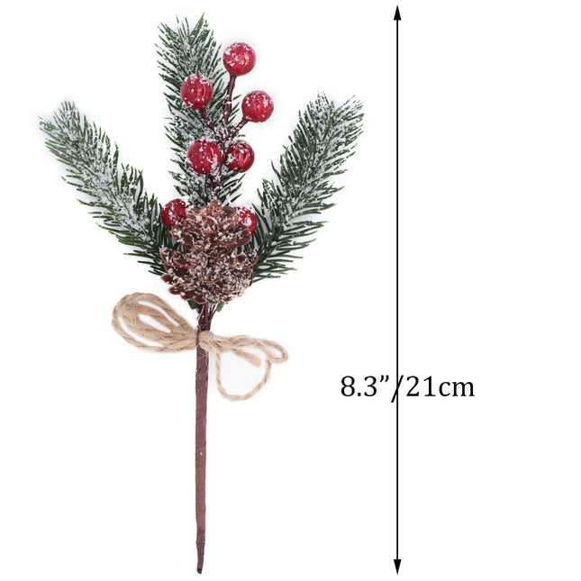 10PCS Artificial Christmas Picks Red Berry Stems Faux Snow Frosted Pine Branches Holly Spray with Bow-knot Pinecone for Xmas Tree Flower Arrangement Wreath Winter Holiday Season Décor (Red, 10)