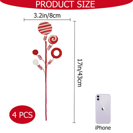 4 Pcs Christmas Tree Picks and Sprays, 17 Inch Grinchs Christmas Tree Decorations, Glitter Red and White Christmas Ornaments for Tree Topper Filler, Candy Cane Xmas Grinchmas Décor