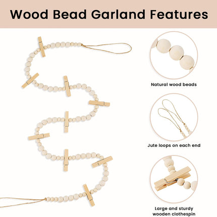 Hanging Photo Display Wall Decor, 2PCS Boho Wooden Bead Garland Collage Picture Frame with 9 Wood Clips for Bedroom, Living Room, Office, Dorm Decor, Photos Holder Teen Girl s