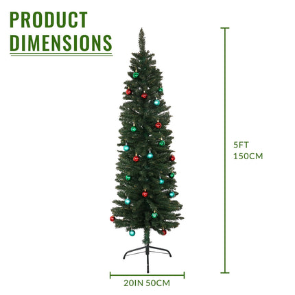 XmasExp Green Skinny Pencil Christmas Tree, 5ft Artificial Slim Thin Christmas Tree with Warm LED Lights String 8 Lighting Modes and Christmas Ball Onaments