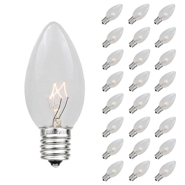 Novelty Lights Christmas Replacement Bulbs - Outdoor Individual Bulbs For Events, Holiday Parties, Patios, And More - C7/E12 Candelabra Base, 5 Watt Lights (Clear, 25 Pack)
