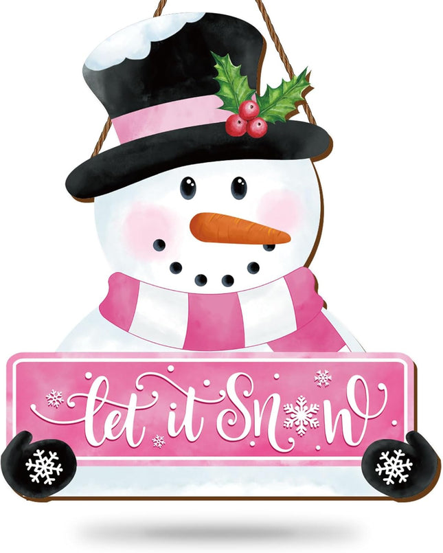 Whaline Christmas Winter Snowman Wooden Hanging Sign Pink Let It Snow Door Hanger Sign Snowman Front Door Decor Xmas Winter Welcome Wreath Sign for Indoor Outdoor Home Farmhouse Wall Window Decor
