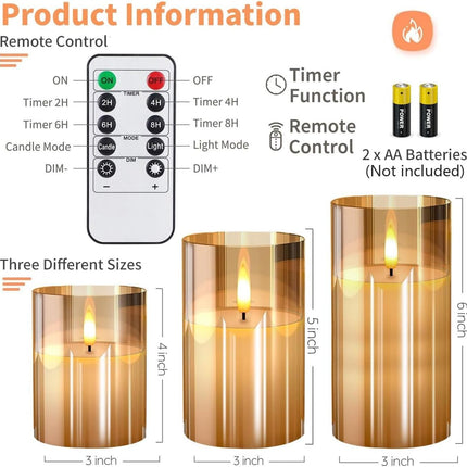 Gold Glass Flameless Candles Flickering with Remote, Timer, Battery Operated Moving Wick Realistic Warm Light Real Wax LED Candles for Party, Wedding, Festival Tabletop Decoration - Set of 3