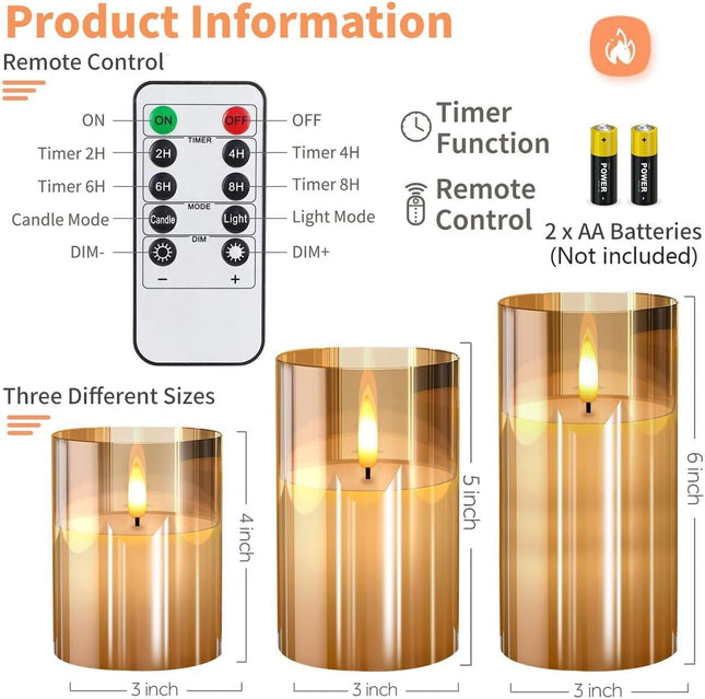 Gold Glass Flameless Candles Flickering with Remote, Timer, Battery Operated Moving Wick Realistic Warm Light Real Wax LED Candles for Party, Wedding, Festival Tabletop Decoration - Set of 3