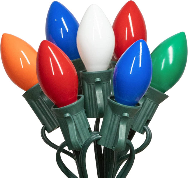 C9 Multicolor Christmas Lights - Waterproof Outdoor and Indoor Christmas Tree Lights UL with 25 Lights with 1 Extra Bulb, E17 Base, Green Wire for Christmas Decoration