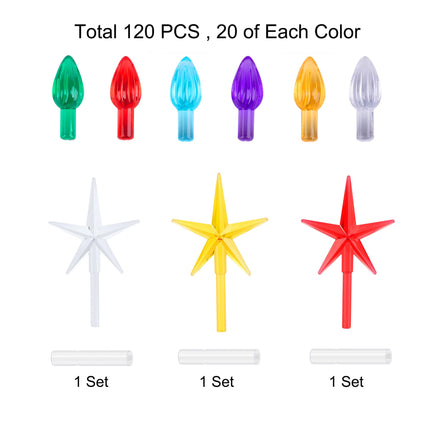 Ceramic Christmas Tree Replacement Lights Bulbs, Flame Shape Light up Artcraft Accessories for Ceramic Tree, Multicolor Medium Twist Light Ornaments, 120Pcs + 3 Star