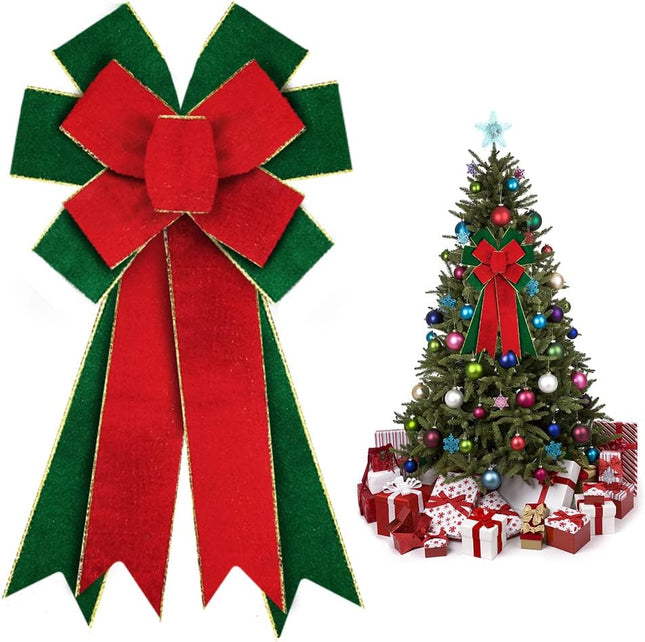 Large Christmas Bows for Wreath, Red Green Velvet Wreath Bows Christmas Green Bows for Front Door, Winter Year Solid Color Burlap Ornament Tree Topper Bows for Christmas Indoor Outdoor Decor