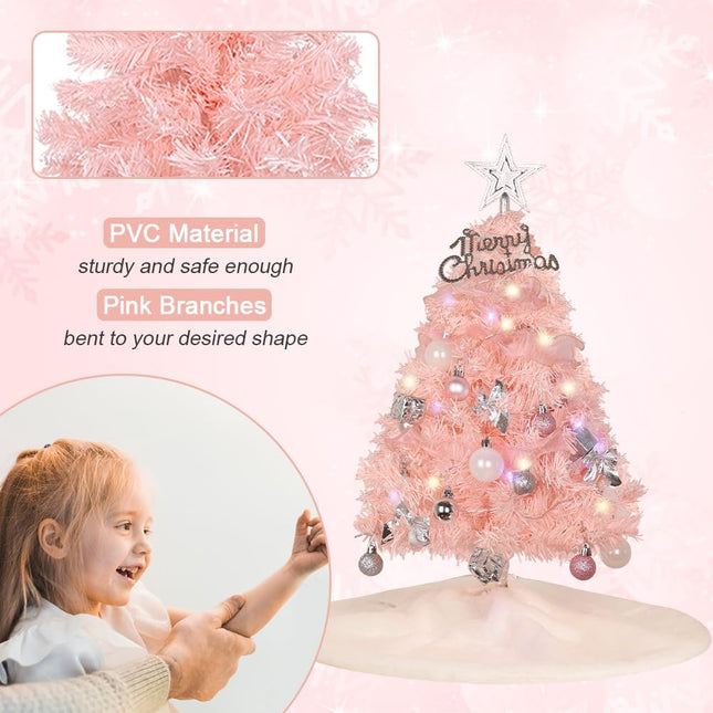 24 Inch 2 FT Pre-lit Mini Christmas Tree, DECSPAS Small Tabletop Pink Christmas Tree with LED Lights Hanging Ornaments and Tree Skirt Xmas Decorations for Holiday Party Home