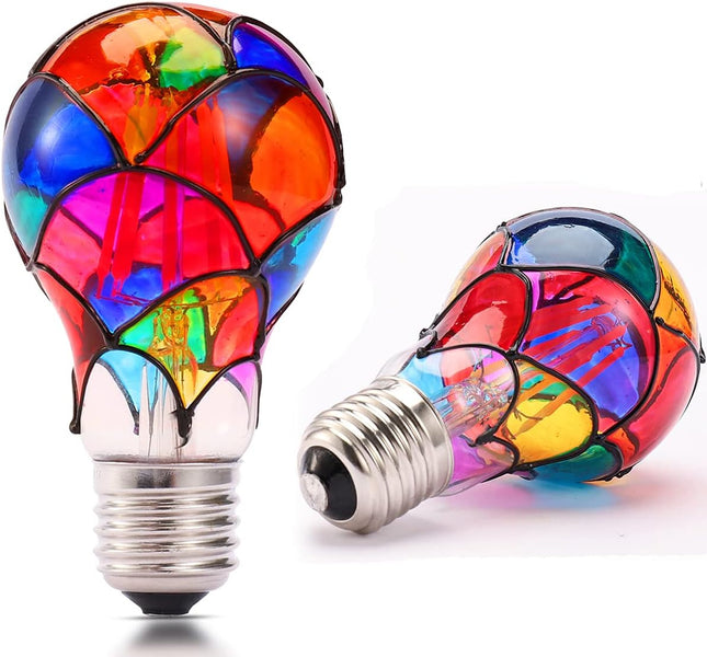 Stained Glass LED Light Bulb, E26 Base 6W A19/A60 LED Colorful Bulb for Party Lighting, Bedside Lamp, Festive Atmosphere, Christmas Halloween Decoration, Non-Dimmable, 2 Pack