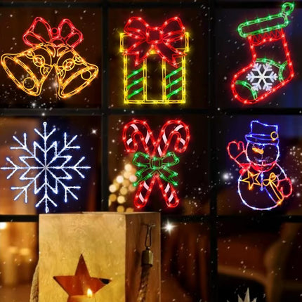 16" Christmas Window Silhouette Lights Decorations - 6 Pack Colour Lighted Candy Cane ＆ Snowman ＆ Christmas Stocking ＆ Bell ＆ Box ＆ Snowflake for Holiday Wall Door Window Decorate