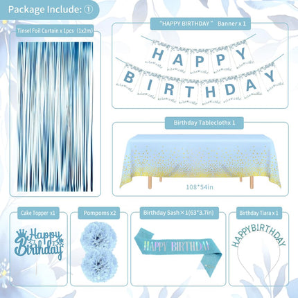 Blue Birthday Decorations, Blue Party Decorations with Happy Birthday Banner Dusty Blue Sand White Gold Balloons Tablecloth Curtain Sash Tiara for Women Girls Princess Light Blue Birthday Decorations