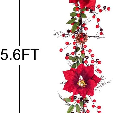 DearHouse 5.3 Ft Berry Christmas Garland, Artificial Poinsettia Garland with Red Berries and Holly Leaves, Pine Cone Garland for Winter Holiday Year Decor